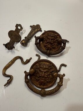 Antique-Style Brass Green Man Drawer Pulls and Escutcheon Set